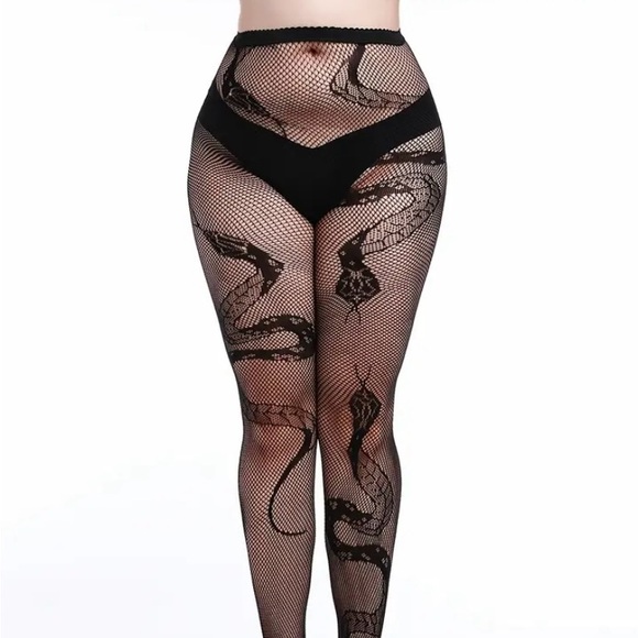 Black Fishnet Tights withSnake Design Plus Size - Picture 1 of 9